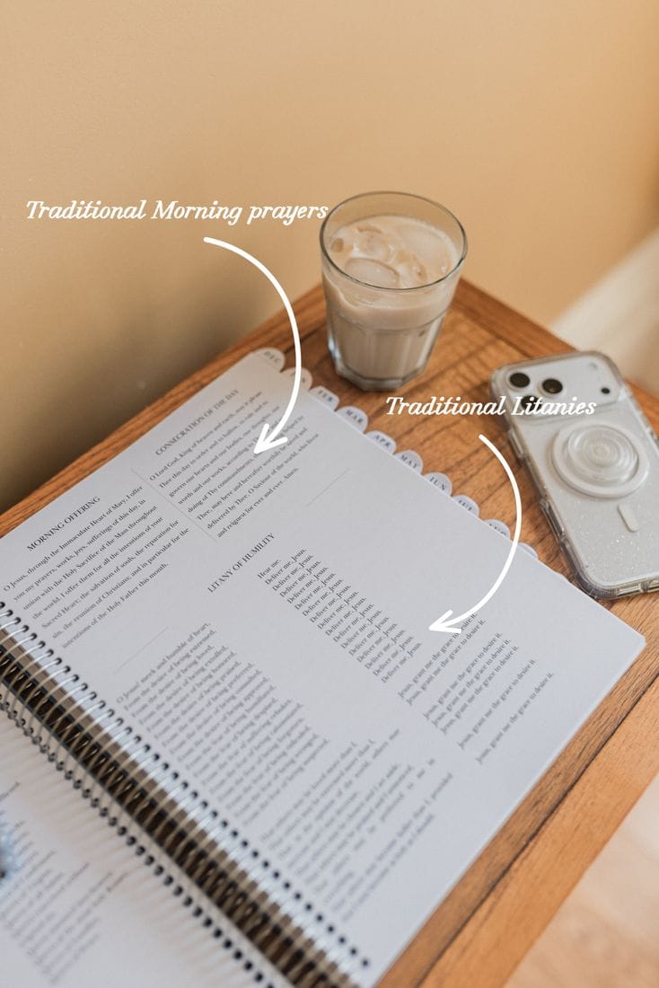 Pages of traditional morning prayers and litanies in the planner