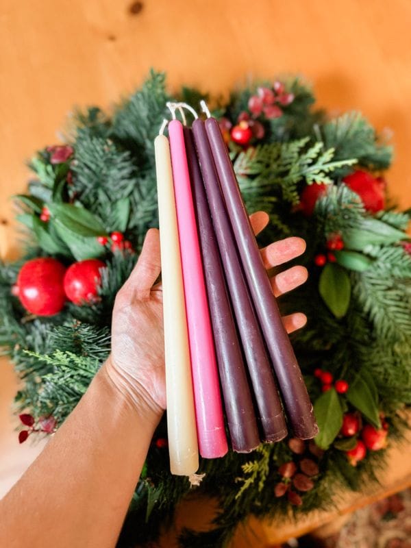 Beeswax Advent candles: three purple, one pink and one white