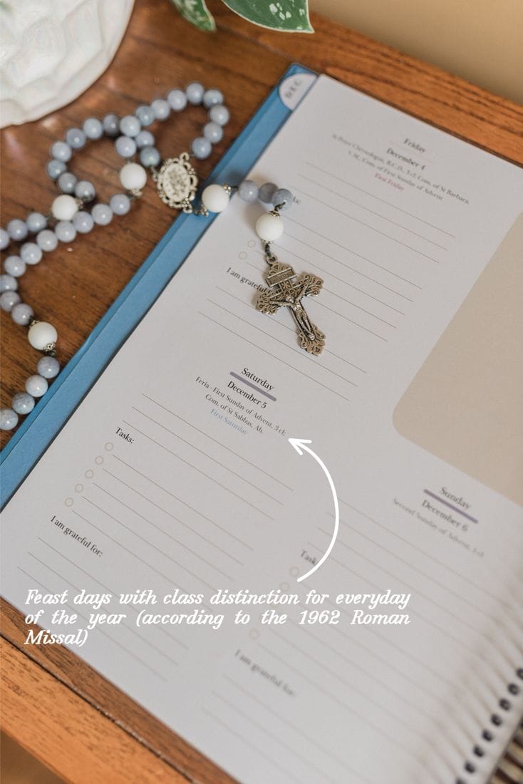 A weekly page listing feast days with their class, according to the 1962 Roman Missal