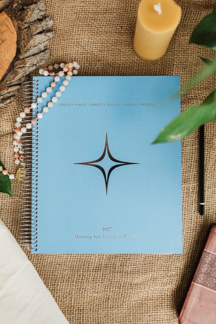 The planner's blue cover from above, with a rosary