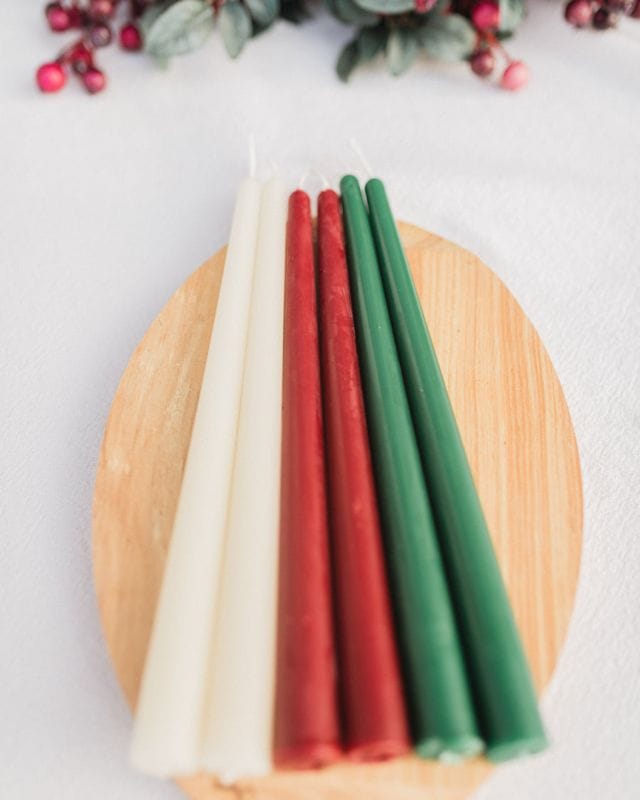 The Christmas candle set of red, green and white beeswax tapers