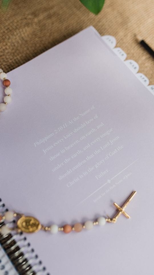 A lilac monthly reflection page with a rosary