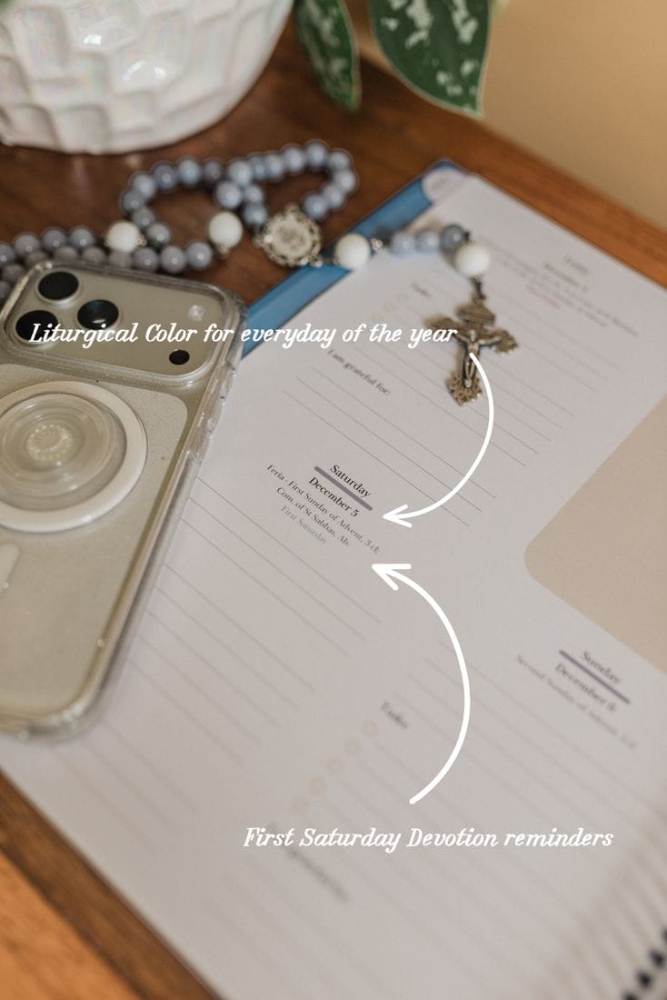 A weekly page showing the liturgical colour for each day and a First Saturday devotion reminder