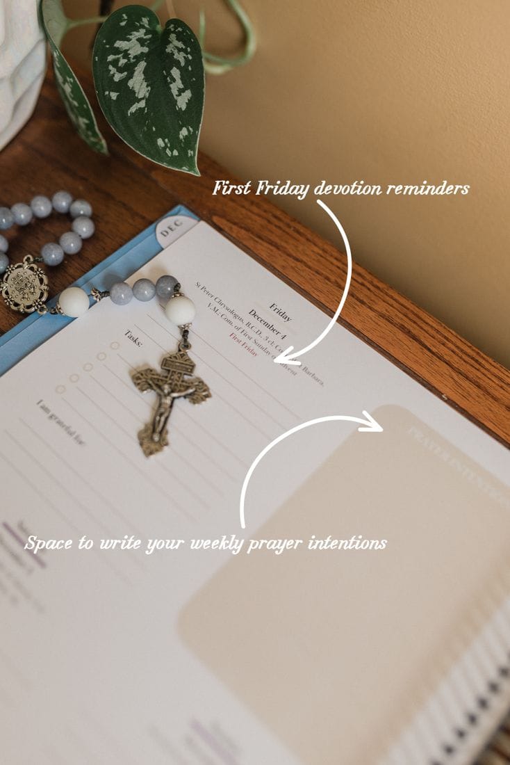 A weekly page with a First Friday devotion reminder and space for weekly prayer intentions